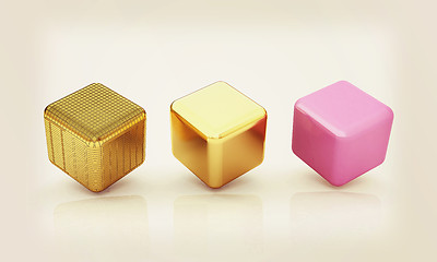 Image showing set of all metal cubes of gold, black gold, pink plastic. 3D ill