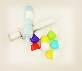 Image showing Syringe, tablet, pill jar. 3D illustration. 3D illustration. Vin