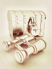 Image showing binoculars and chest. 3D illustration. Vintage style.