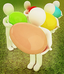 Image showing 3d small persons holds the big Easter egg in a hand. 3d image. O