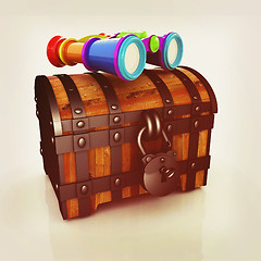 Image showing binoculars and chest. 3D illustration. Vintage style.