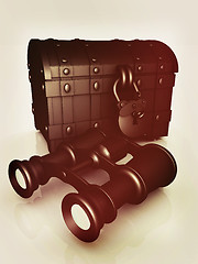 Image showing binoculars and chest. 3D illustration. Vintage style.