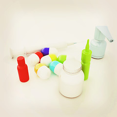 Image showing Syringe, tablet, pill jar. 3D illustration. 3D illustration. Vin