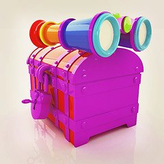 Image showing binoculars and chest. 3D illustration. Vintage style.