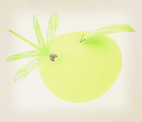 Image showing Dragonfly on apple. 3D illustration. Vintage style.