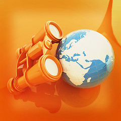 Image showing binocular around earth. 3D illustration. Vintage style.