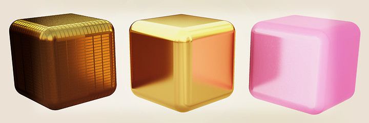 Image showing set of all metal cubes of gold, black gold, pink plastic. 3D ill