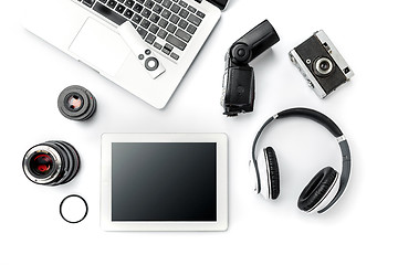 Image showing Workplace of business. Modern male accessories and laptop on white