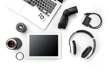 Image showing Workplace of business. Modern male accessories and laptop on white