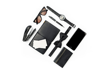 Image showing Still life of casual man. Modern male accessories on white