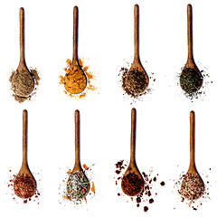 Image showing Collection of Spices in Wooden Spoons