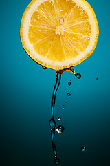 Image showing Juicy lemon and drops of juice isolated on blue blackground in studio.