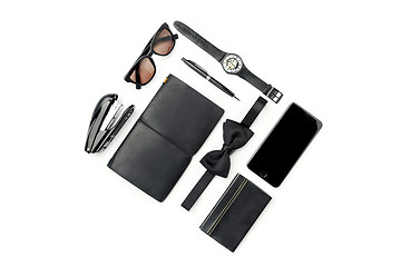 Image showing Still life of casual man. Modern male accessories on white