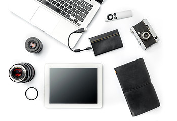 Image showing Workplace of business. Modern male accessories and laptop on white