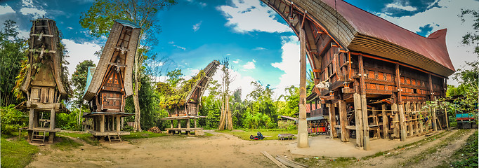 Image showing Four tongkonans in Sulawesi