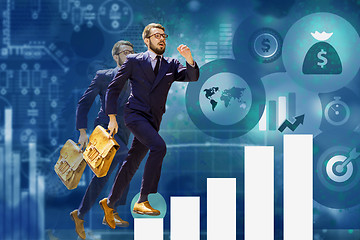 Image showing young businessman jumping over steps of chart or graph