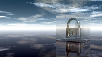 Image showing padlock in glass cube under cloudy sky - 3d illustration