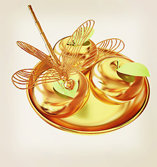 Image showing Dragonfly on gold apples. 3D illustration. Vintage style.