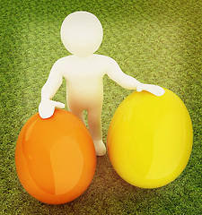 Image showing 3d small person holds the big Easter egg in a hand. 3d image. On