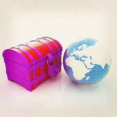 Image showing chest and Earth. 3D illustration. Vintage style.