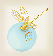 Image showing Dragonfly on abstract design sphere. 3D illustration. Vintage st