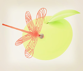 Image showing Dragonfly on apple. 3D illustration. Vintage style.