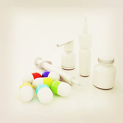 Image showing Syringe, tablet, pill jar. 3D illustration. 3D illustration. Vin