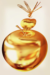 Image showing Dragonfly on gold apple. 3D illustration. Vintage style.