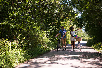 Image showing Young multiethnic couple having a bike ride in nature