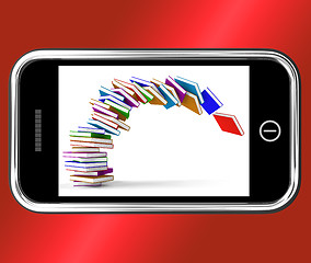 Image showing Mobile Phone With Falling Books Shows Online Knowledge