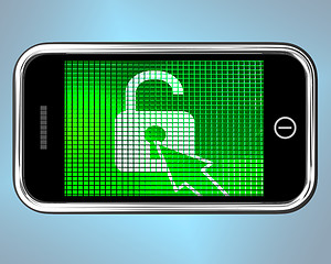 Image showing Unlocked Padlock Mobile Phone Shows Access Or Protection