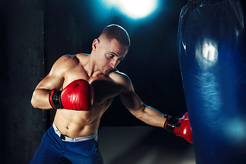 Image showing Male boxer boxing in punching bag with dramatic edgy lighting in a dark studio