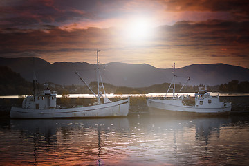 Image showing Fishing Boats in Sunset