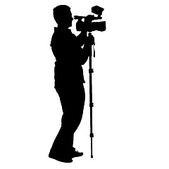 Image showing Cameraman with video camera. Silhouettes on white background. 