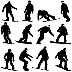 Image showing Set black silhouettes  snowboarders on white background. 