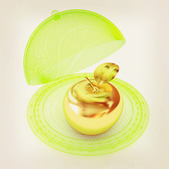 Image showing Serving dome or Cloche and gold apple . 3D illustration. Vintage
