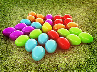 Image showing Colored Easter eggs as a flower on a green grass. 3D illustratio