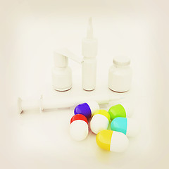 Image showing Syringe, tablet, pill jar. 3D illustration. 3D illustration. Vin