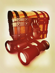 Image showing binoculars and chest. 3D illustration. Vintage style.