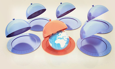 Image showing Serving dome or Cloche and Earth. 3D illustration. Vintage style