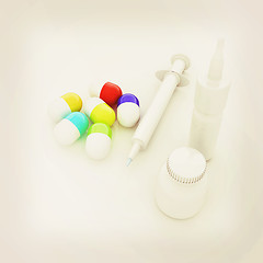 Image showing Syringe, tablet, pill jar. 3D illustration. 3D illustration. Vin