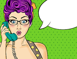 Image showing Pop art  woman chatting on retro phone . Comic woman with speech