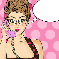 Image showing Pop art  woman chatting on retro phone . Comic woman with speech