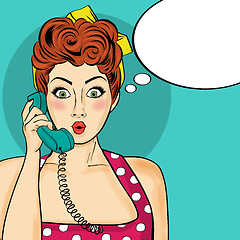 Image showing Pop art  woman chatting on retro phone . Comic woman with speech