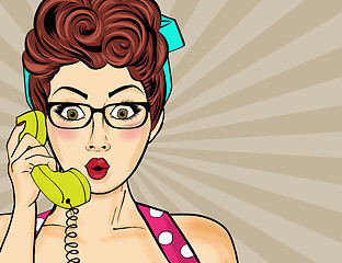 Image showing Pop art  woman chatting on retro phone . Comic woman with speech