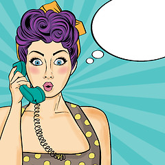 Image showing Pop art  woman chatting on retro phone . Comic woman with speech