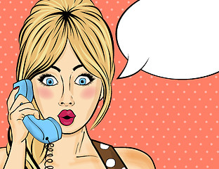 Image showing Pop art  woman chating on retro phone . Comic woman with speech 