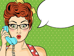 Image showing Pop art  woman chatting on retro phone . Comic woman with speech