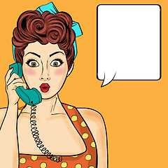 Image showing Pop art  woman chatting on retro phone . Comic woman with speech