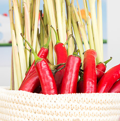 Image showing peppers in a wicker basket close-up